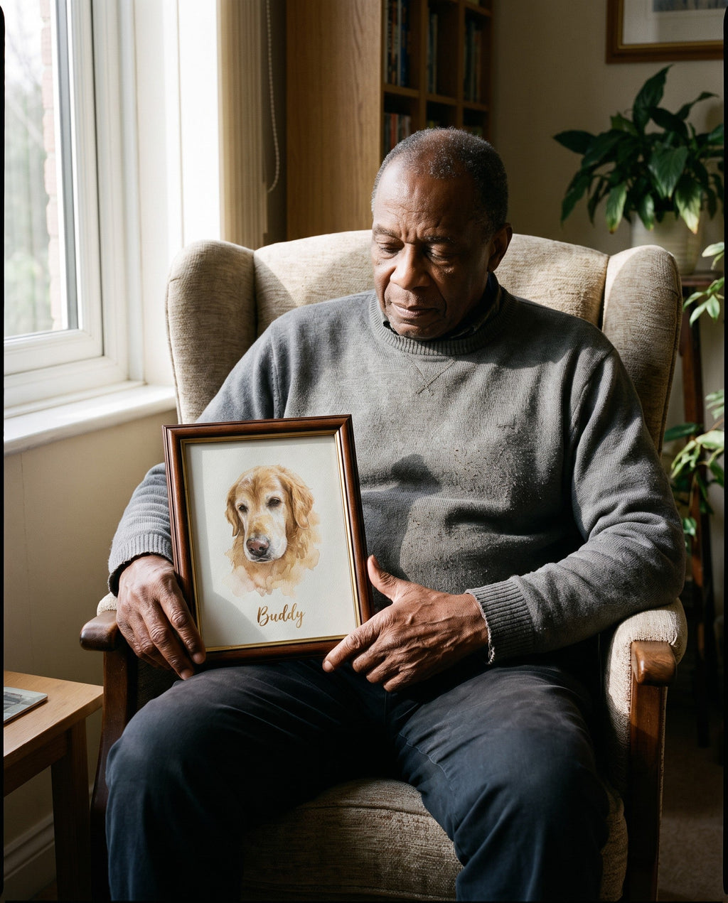 Watercolor pet portrait framed above an armchair
